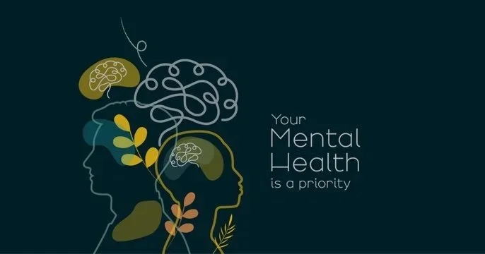 Graphic illustration of human profiles with brains, leaves, and decorative elements, emphasizing mental health awareness.