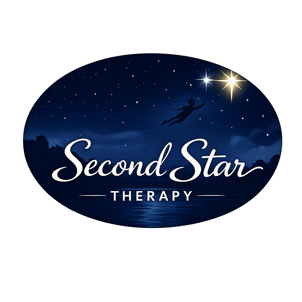 Logo for Second Star Therapy featuring a night sky with stars and a silhouette of a person floating towards two bright stars.