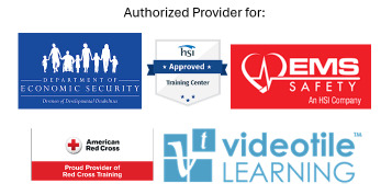 Logos of various organizations including the Department of Economic Security, a certification badge, EMS Safety, Red Cross, and Videotile Learning.