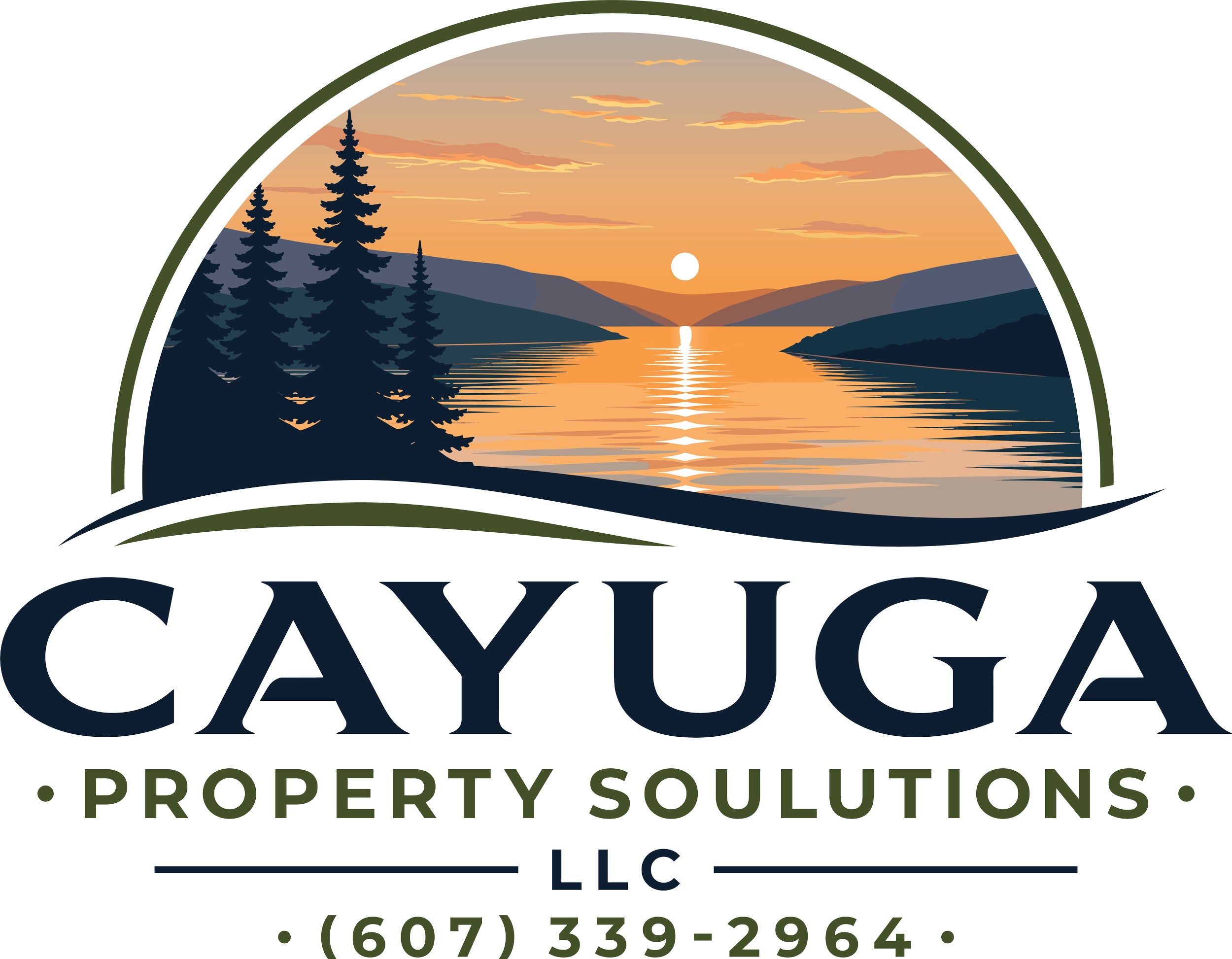 Logo of Cayuga Property Solutions showing a sunset over a lake with mountains and pine trees, with the company's name and contact information underneath.