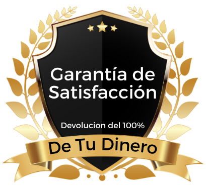 Escudo con estrella, laureles dorados y texto que dice 'Garantía de Satisfacción, Devolución del 100% De Tu Dinero'.