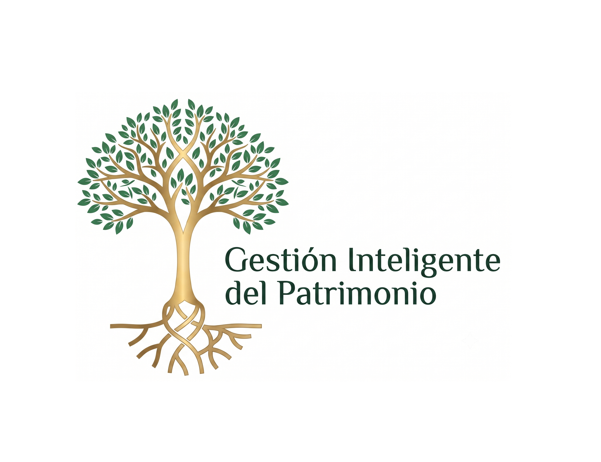 Un árbol estilizado con raíces entrelazadas y hojas verdes, acompañado del texto "Gestión inteligente del Patrimonio".