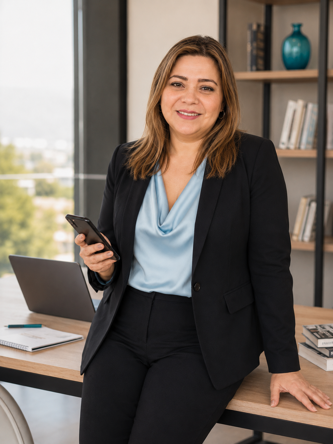 Mujer de negocios sosteniendo un teléfono móvil en una oficina moderna con estanterías y libros en el fondo.