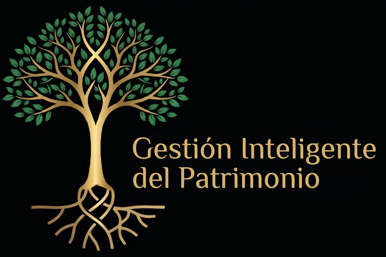 Árbol con ramas y raíces entrelazadas, acompañado del texto "Gestión Inteligente del Patrimonio".