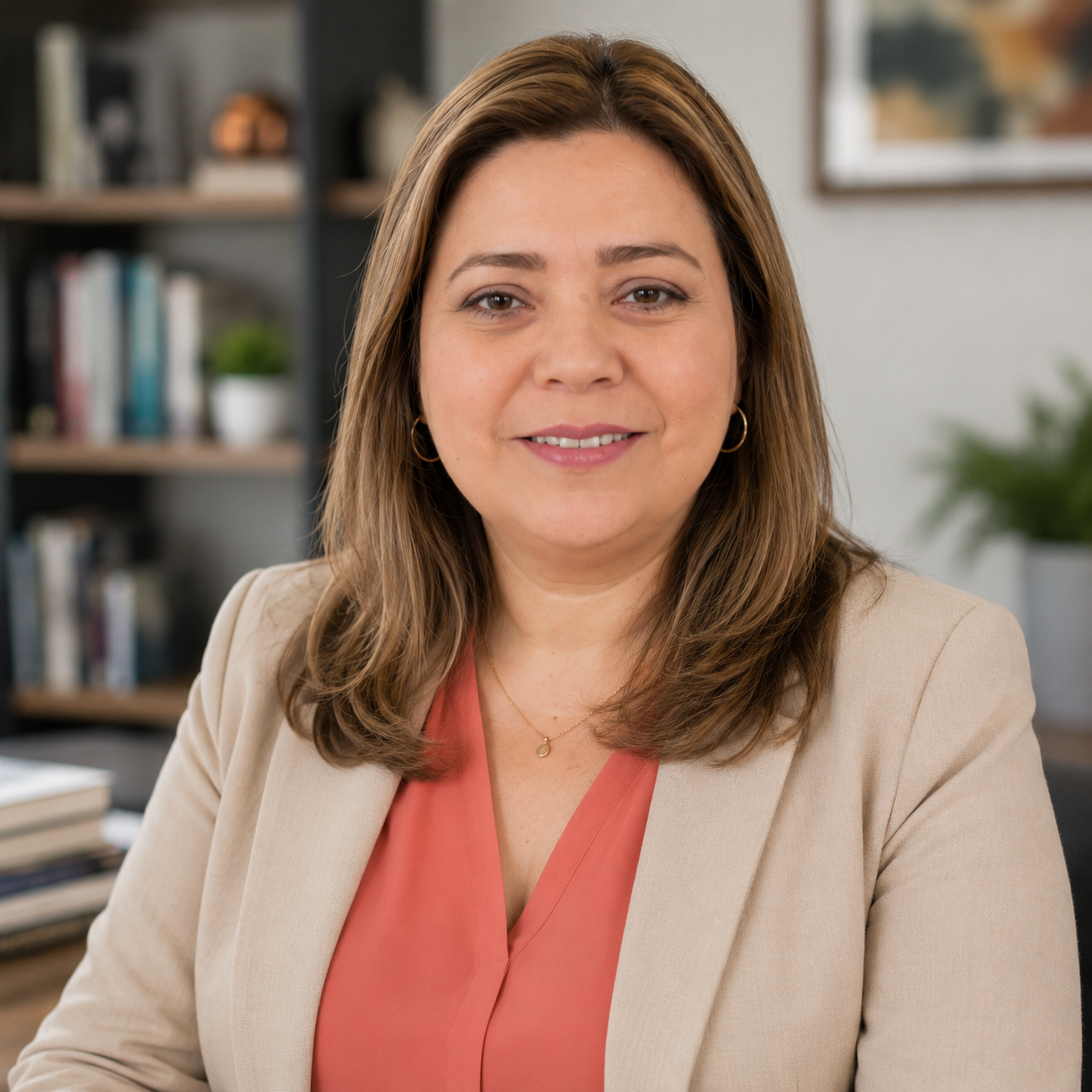 Retrato de una mujer con cabello castaño, sonriendo, en un entorno de oficina con estanterías y plantas decorativas.