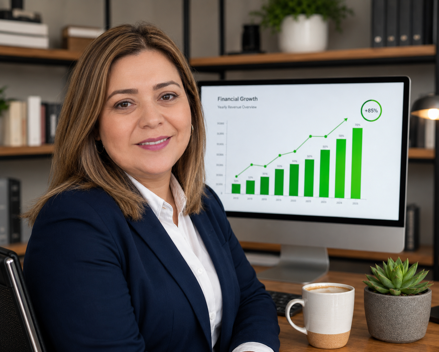 Mujer en oficina junto a monitor que muestra gráfico de crecimiento financiero con barras verdes y línea ascendente