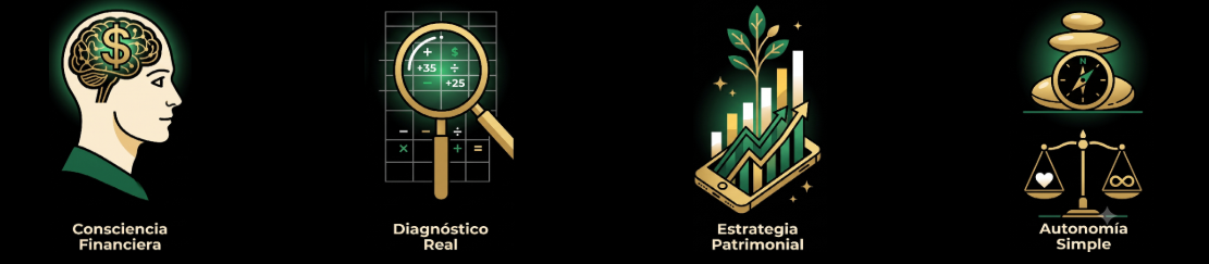 Ilustraciones con textos que dicen: Consciencia Financiera, Diagnóstico Real, Estrategia Patrimonial, Autonomía Simple, cada una con iconos relacionados a finanzas y crecimiento económico.