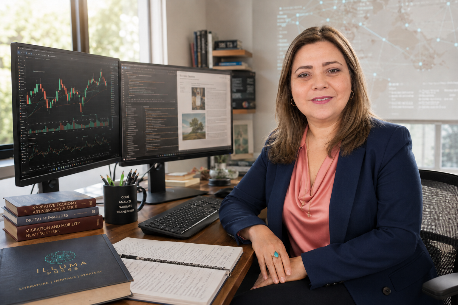 Mujer en oficina con dos pantallas de computadora que muestran gráficos y artículos, rodeada de libros y materiales de trabajo.
