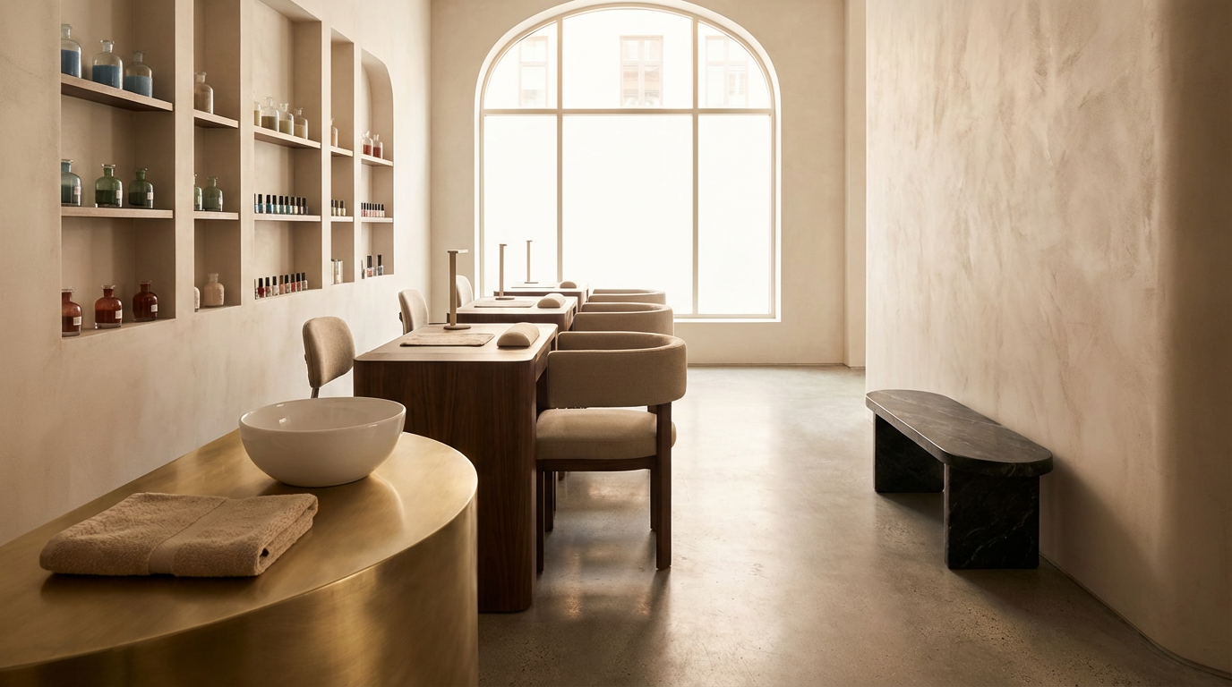 A minimalist spa treatment room with natural light, a row of massage tables with beige chairs, and shelves with colorful bottles.
