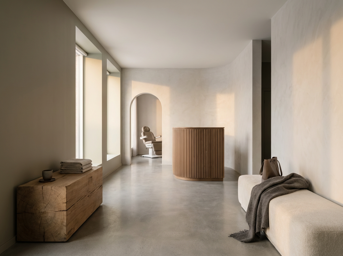 Minimalist, modern interior with beige walls, a concrete floor, and large windows with white blinds. Features include a wooden sideboard with folded towels and a mug, a beige cushioned bench with a gray throw and handbag, a wooden reception desk, and a partially visible recliner chair in an arched alcove.