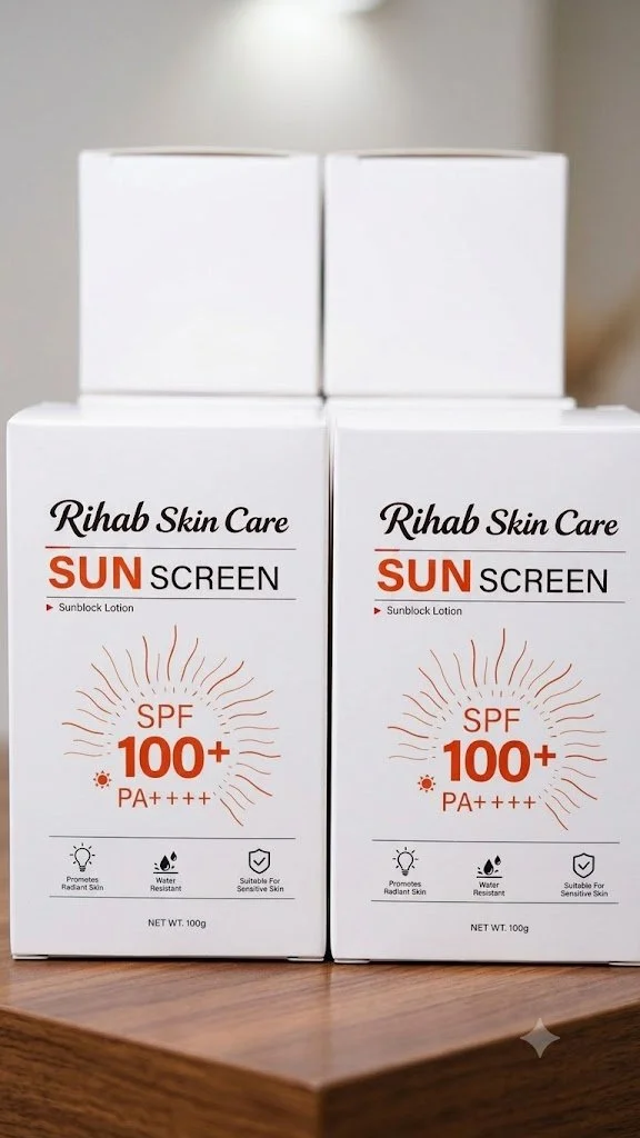 Two boxes of Rihab Skin Care sunblock lotion with SPF 100+ and PA++++, placed on a wooden surface with a plain background.