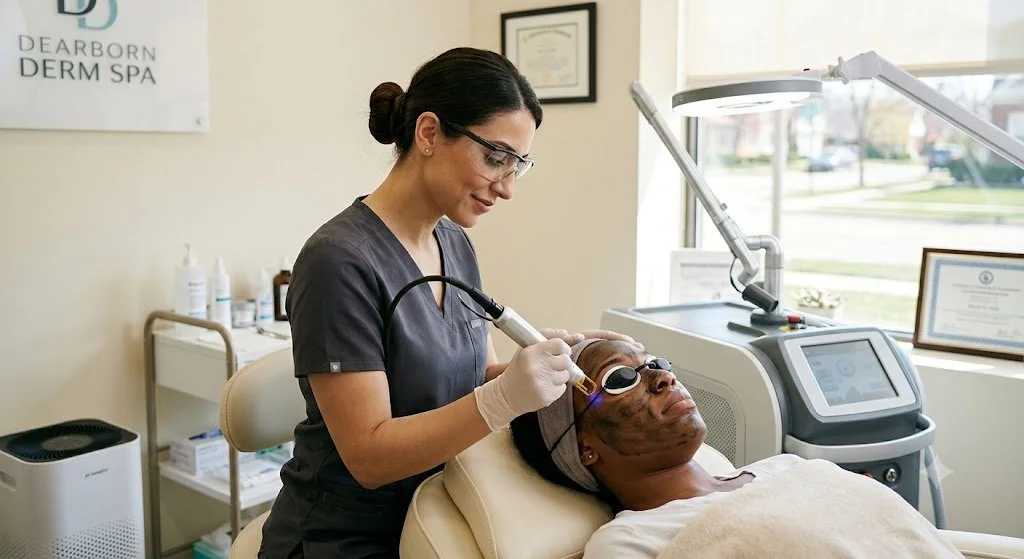 A woman wearing glasses and scrubs performs a skincare treatment on an older woman lying on a bed in a spa or clinic.