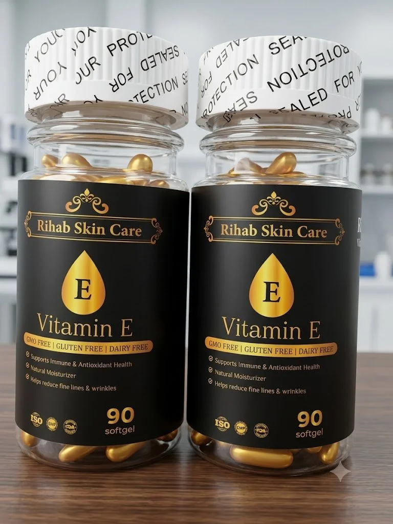 Two bottles of Rihab Skin Care Vitamin E softgel capsules on a wooden surface.