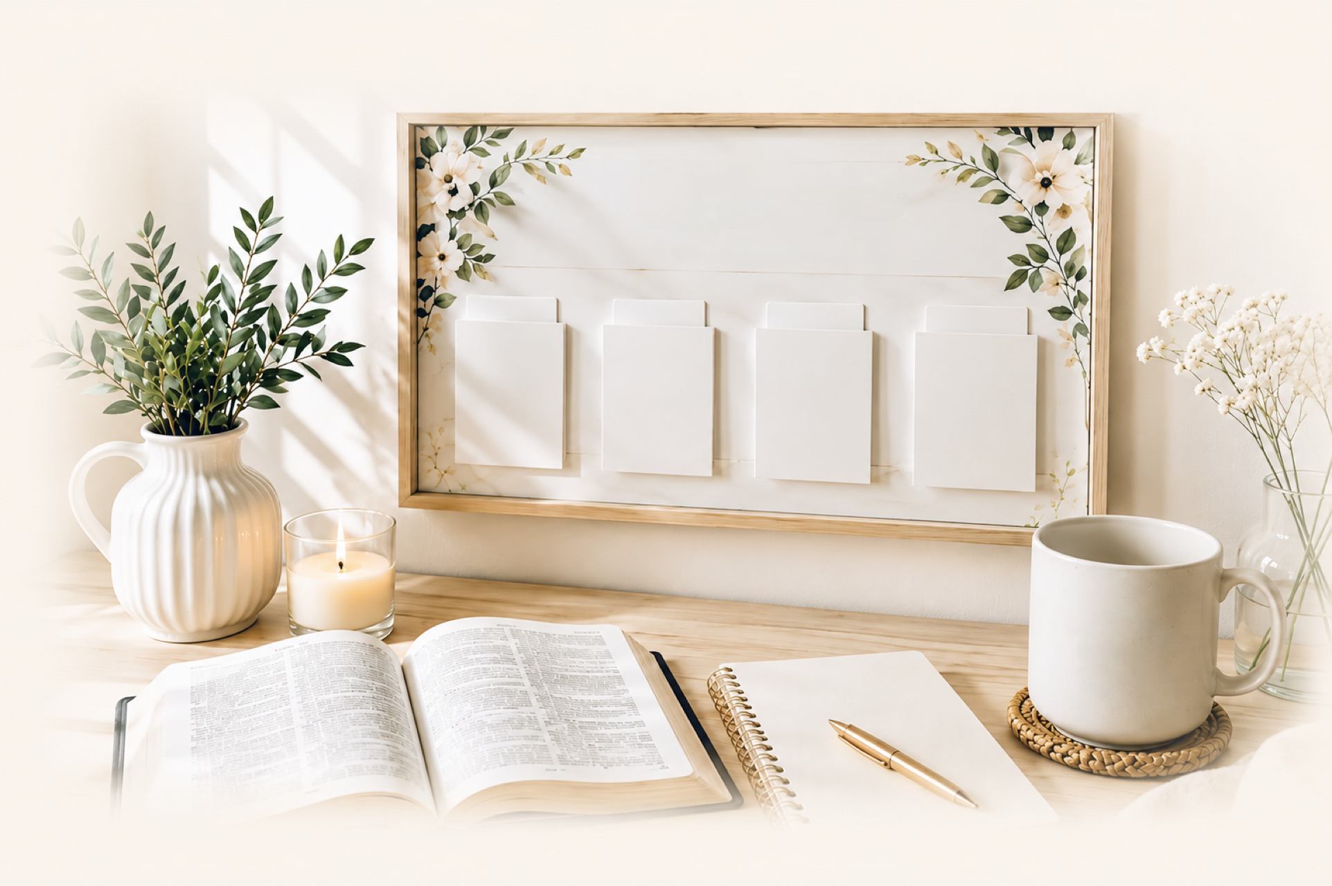 A neatly decorated workspace with an open book, a notebook, and a gold pen on a light wood table. To the left, a white vase with green foliage and a lit candle. On the right, a white mug and a small glass vase with white flowers. The background features a white wall with a framed floral display, with notebooks or papers clipped inside.