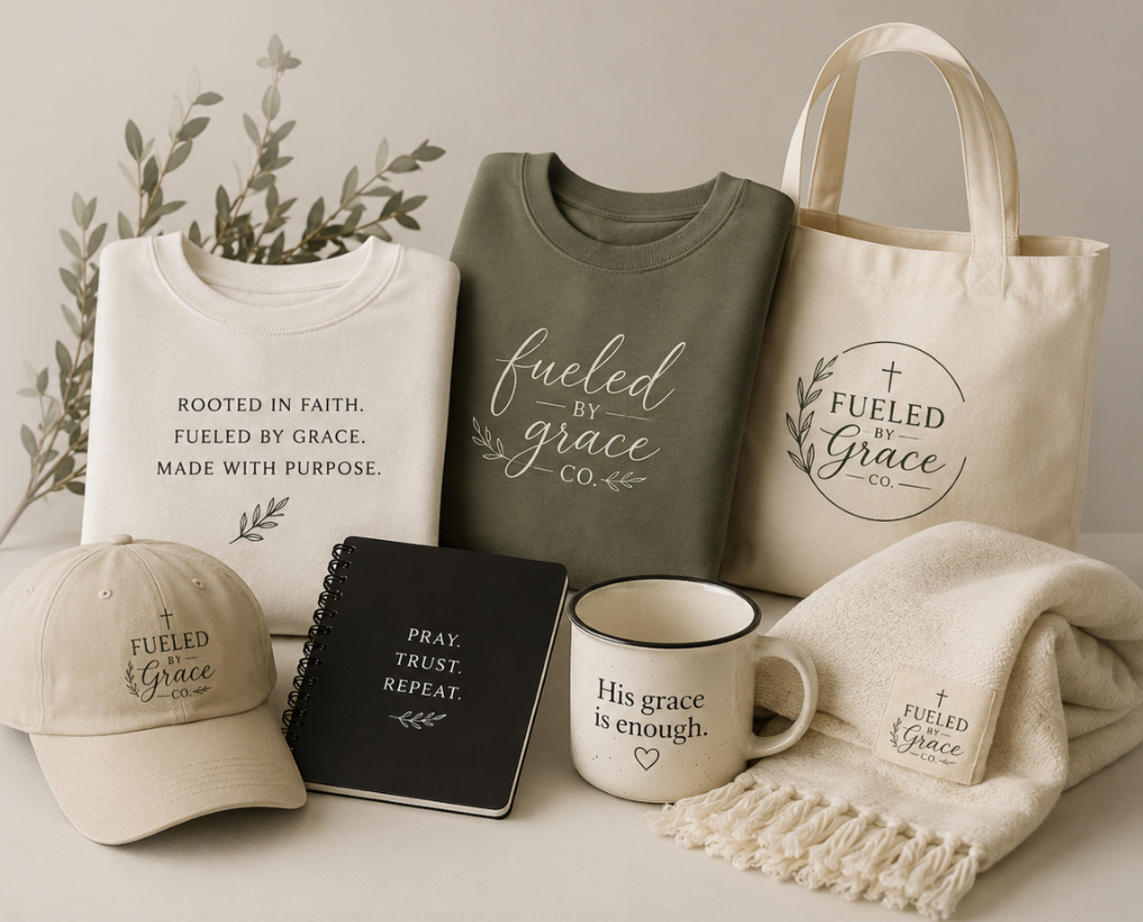 Collection of faith-inspired merchandise including t-shirts, a tote bag, hat, mug, notebook, towel, and a blanket with phrases like 'Rooted in faith,' 'Fueled by grace,' and 'His grace is enough.'