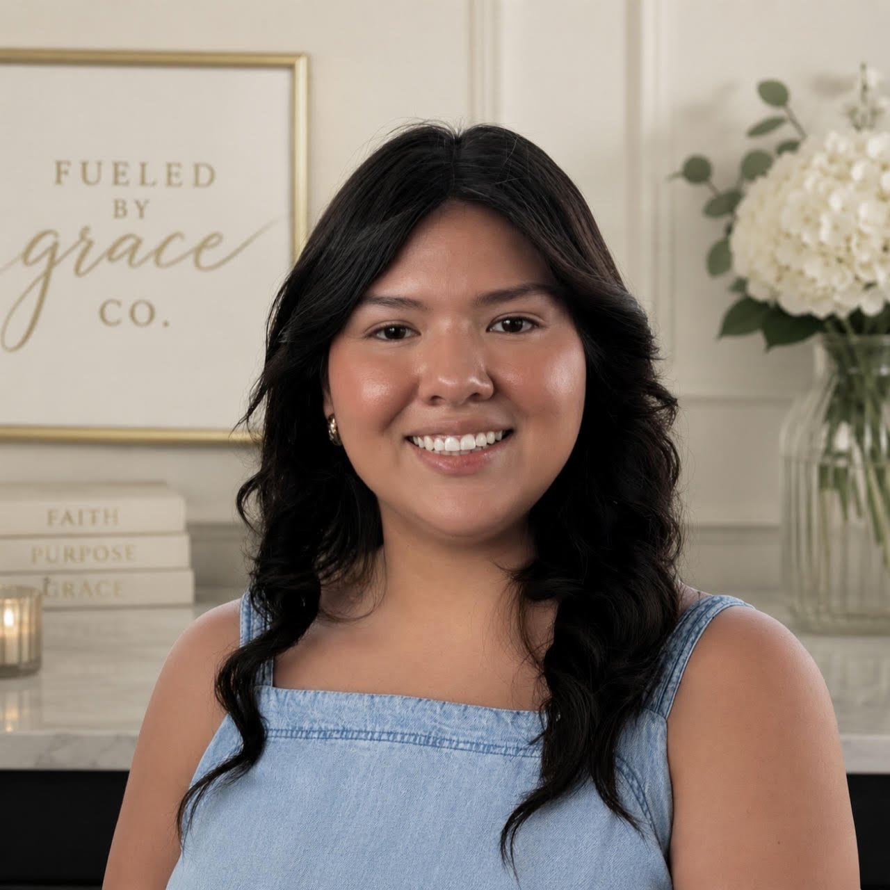 Smiling woman with dark wavy hair wearing a sleeveless blue top, standing in a room with white walls, a framed sign that says "Fueled by grace" in the background, along with a vase of white flowers and stacked books labeled 'Faith,' 'Purpose,' and 'Grace.'
