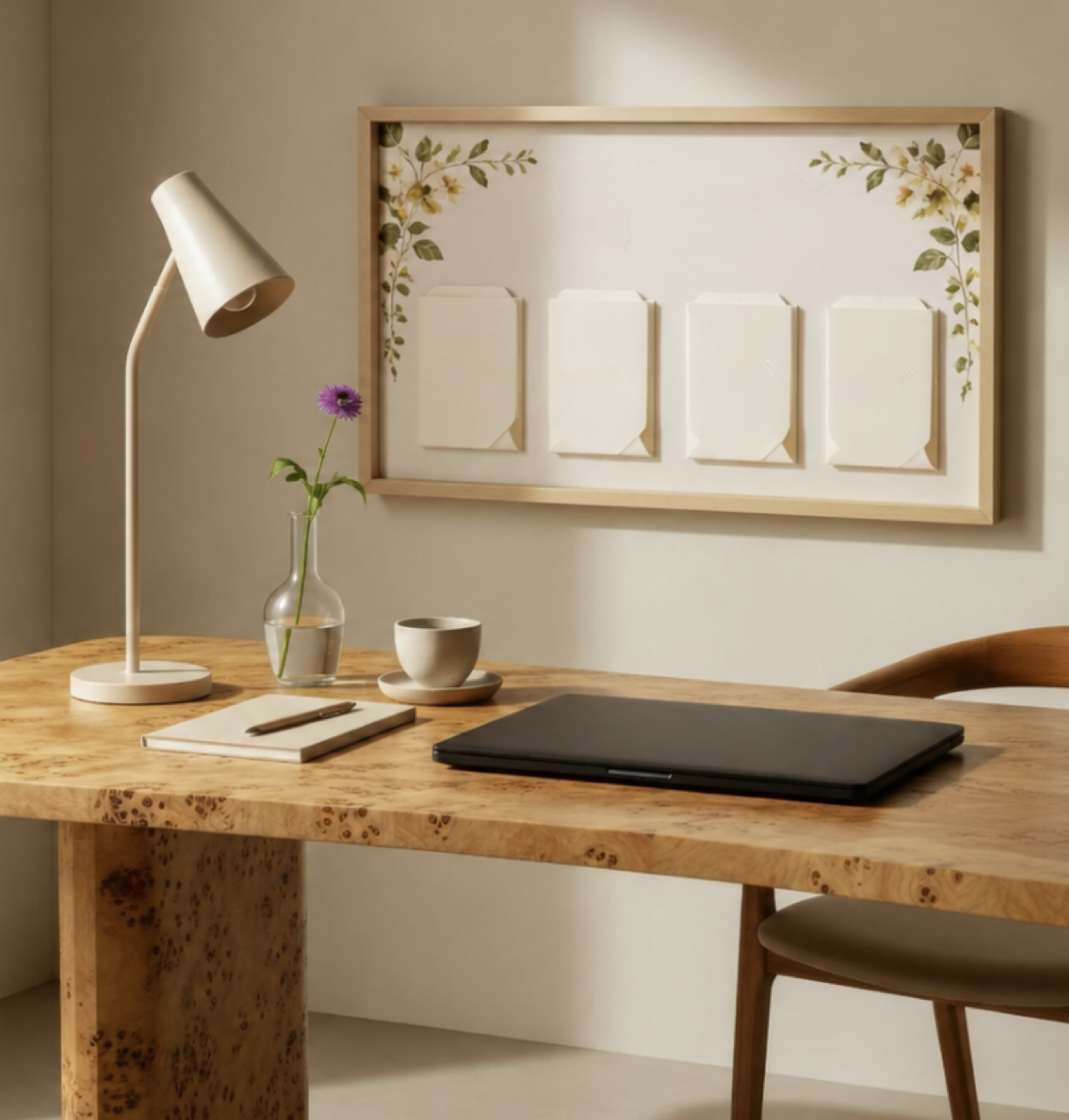 A modern workspace with a wooden desk, a black closed laptop, a white coffee cup with a matching saucer, a white notebook with a pen, a small glass vase with a single purple flower, and a white table lamp. The wall behind features a framed art piece with notes, and a decorative floral border.