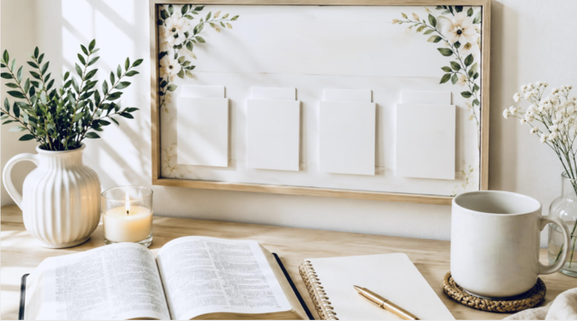 A workspace with a wooden desk, open books, a spiral notebook, a pen, a white mug, a lit candle, and decorative plants on either side. Behind the desk, a framed whiteboard with floral accents is on the wall.