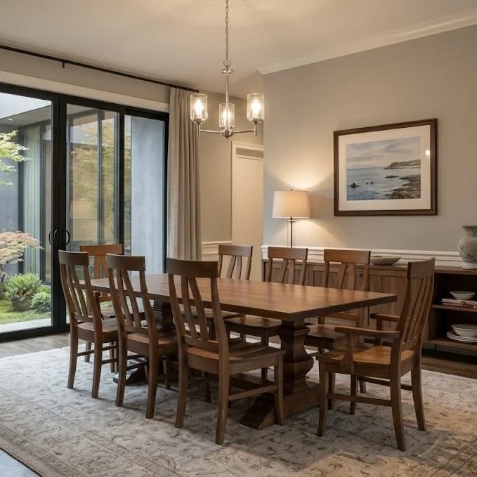 A dining room with a large wooden table and eight matching wooden chairs. There's a chandelier hanging above the table, a sideboard against the wall with decorative items, a framed landscape painting, a floor lamp, and sliding glass doors leading to a garden.
