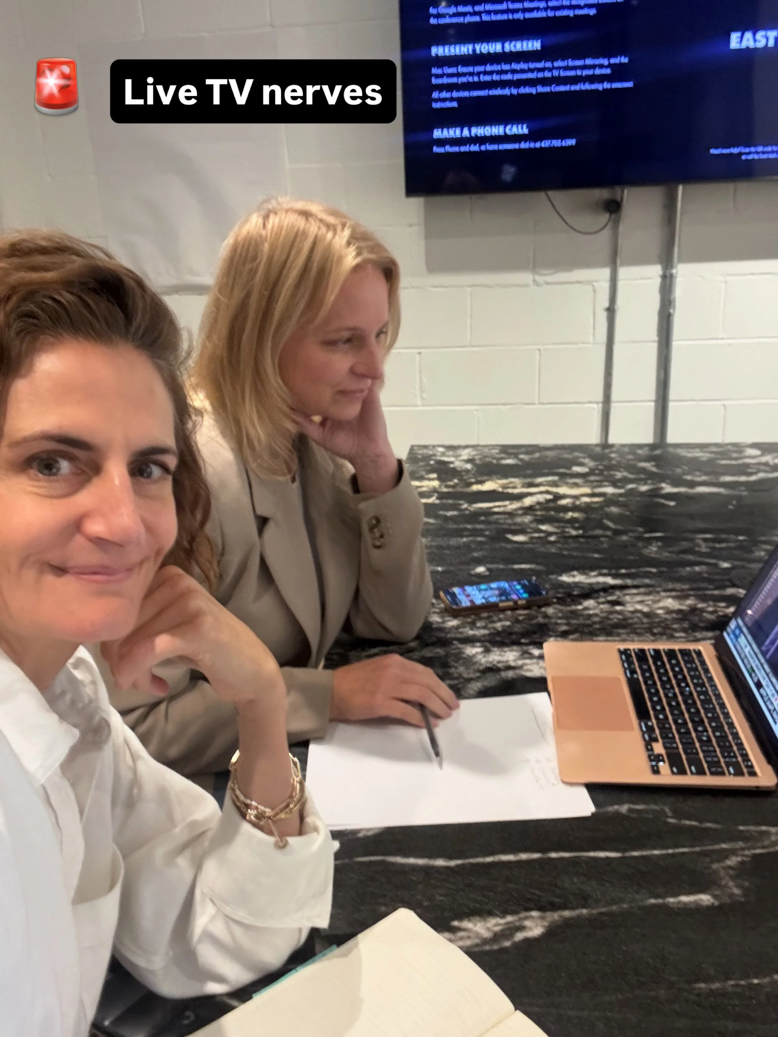 Watching our client do a live interview on BNN. As lifelong TV producers, we&rsquo;re in control room mode watching. And taking notes to cut clips right after. As close as we get these days to the newsroom high!