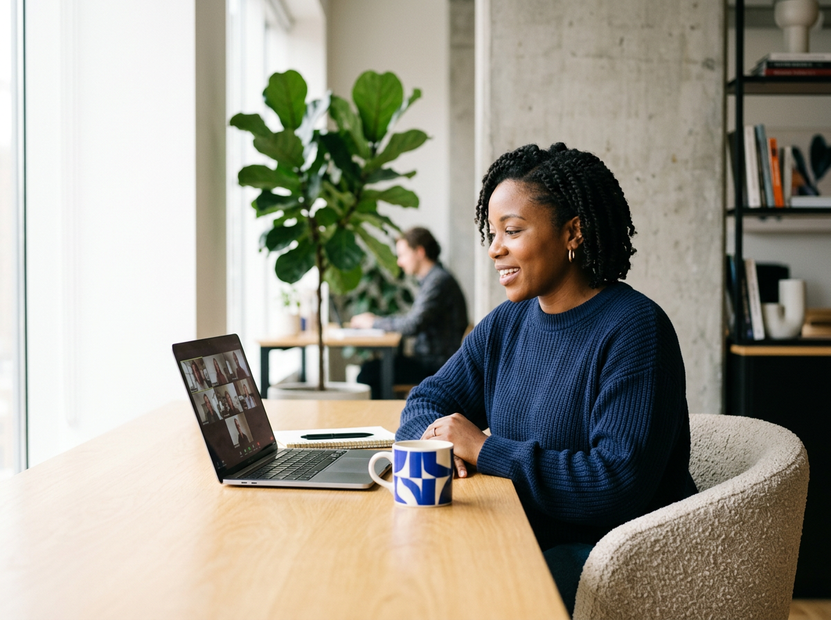 A woman with curly black hair wearing a navy blue sweater sitting at a wooden table with a laptop, participating in a video call. A mug with a blue and white geometric pattern is on the table, and a man is working at a desk in the background.