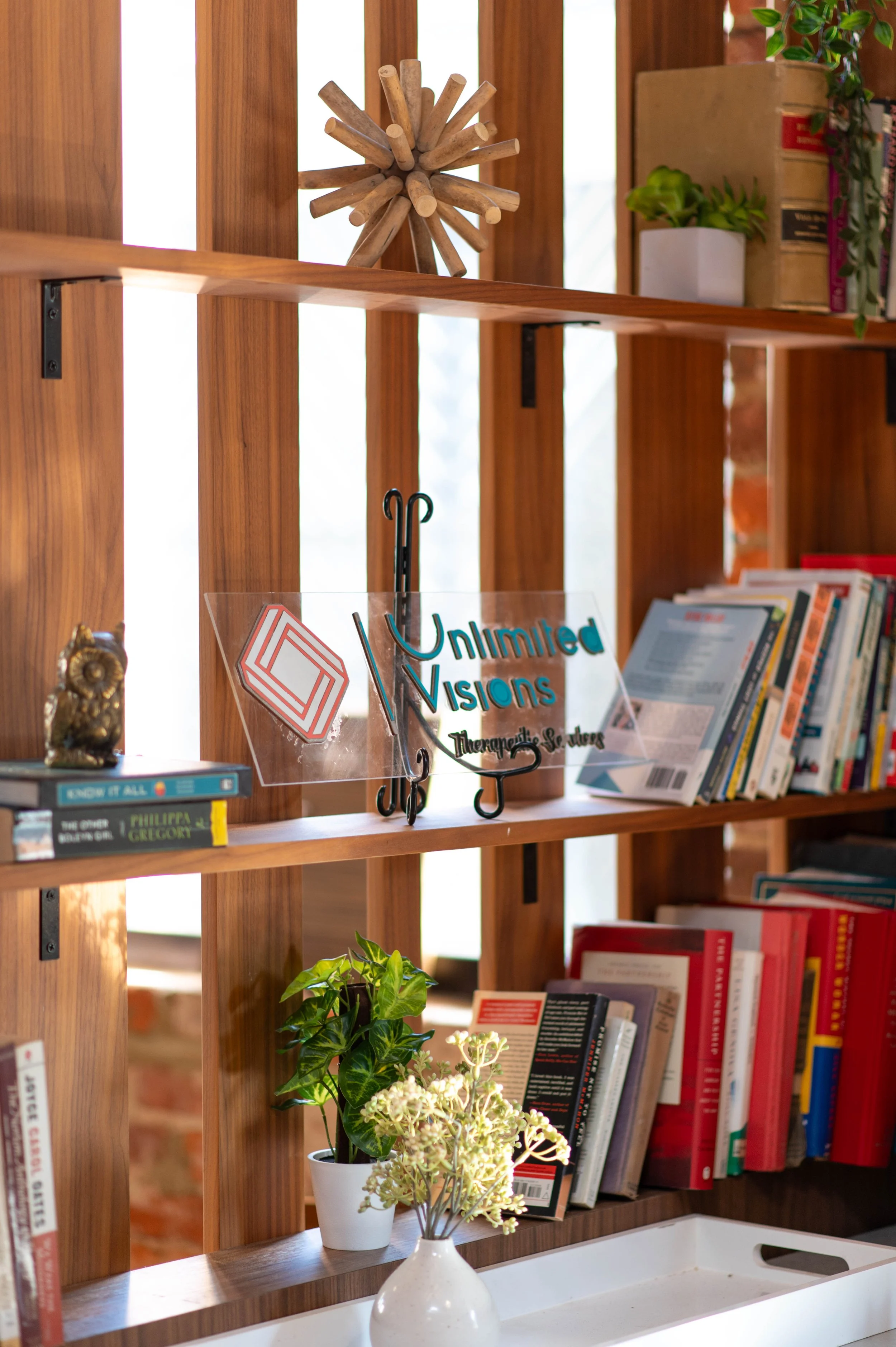 Wooden bookshelf with plants, books, and decorative items, illuminated by natural light.