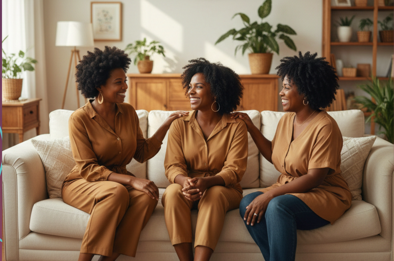 Three women of African descent sitting on a white sofa, smiling and talking in a living room with plants and wooden furniture.
