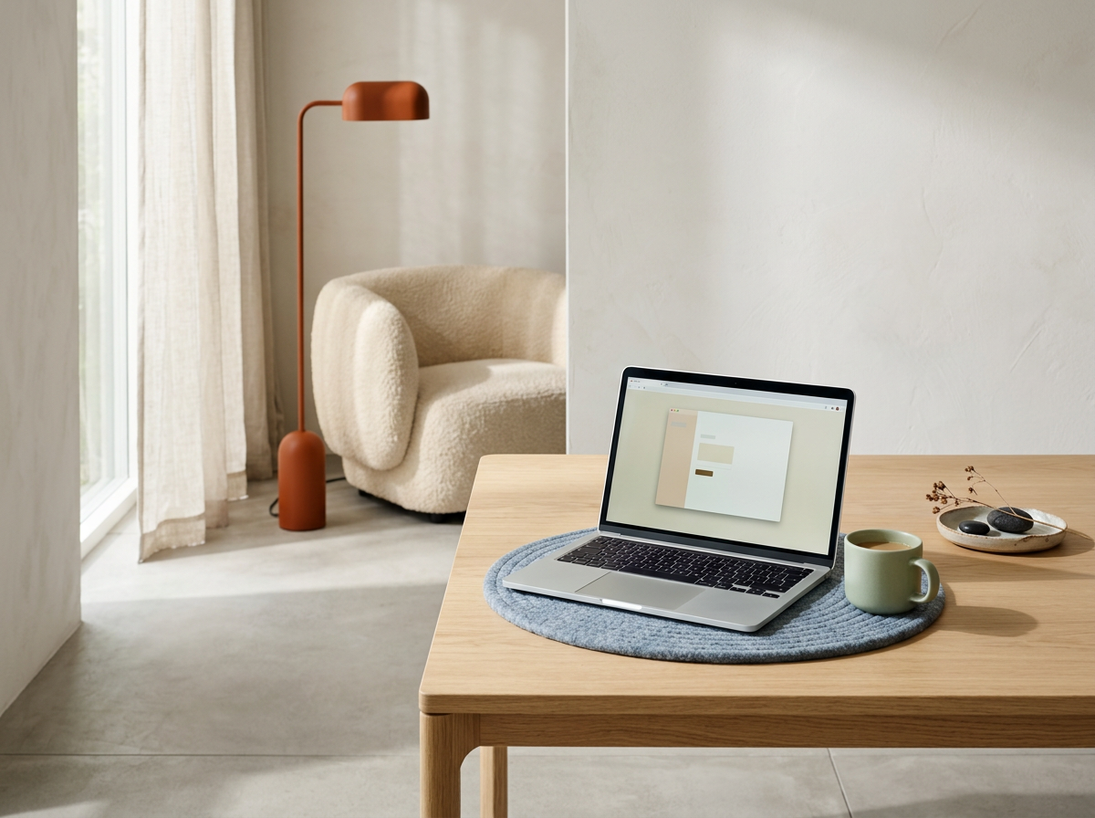 A cozy workspace with a laptop on a wooden table, a green mug, and a plate with stones and dried flowers. In the background, a beige armchair and a tall, rust-colored floor lamp beside a window with curtains.