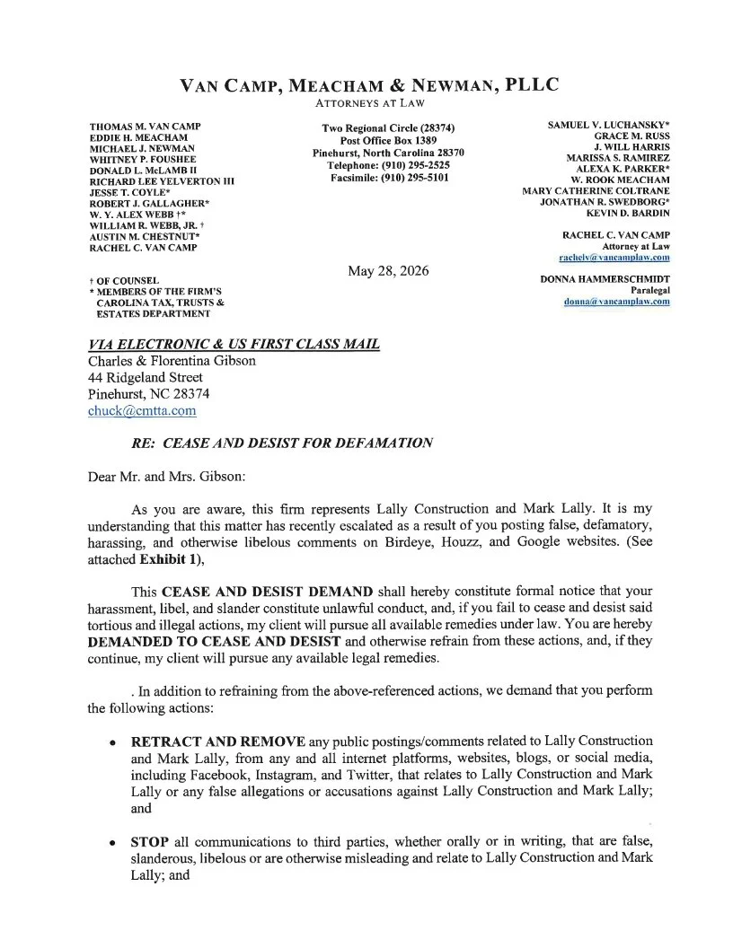 Legal document titled 'Cease and Desist for Defamation' addressed to Mr. and Mrs. Gibson from attorney Donna Hammershmidt, dated May 28, 2026, regarding actions against Lally Construction and Mark Lally.
