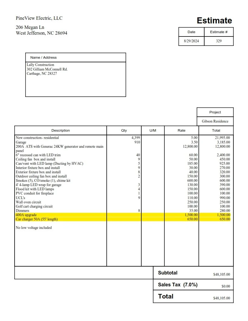 An electrical estimate document from PineView Electric, LLC, dated August 29, 2024, with a project address at Lally Construction, 302 Gilliam McConnell Rd., Carthage, NC. It lists various electrical work items and costs, including new construction, LED lighting, and upgrades, with a total cost of $48,105.