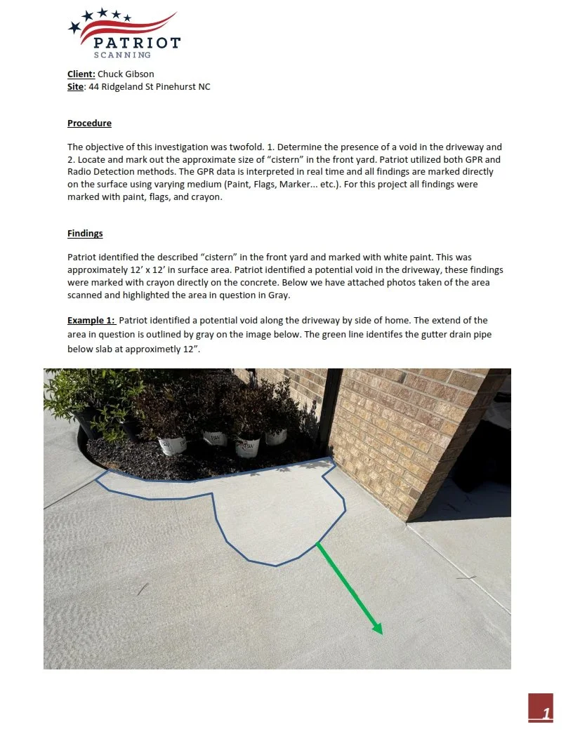Photograph of a concrete driveway with a blue outline marking a potential void area near a brick house wall and some potted plants, with a green arrow pointing to the marked area.