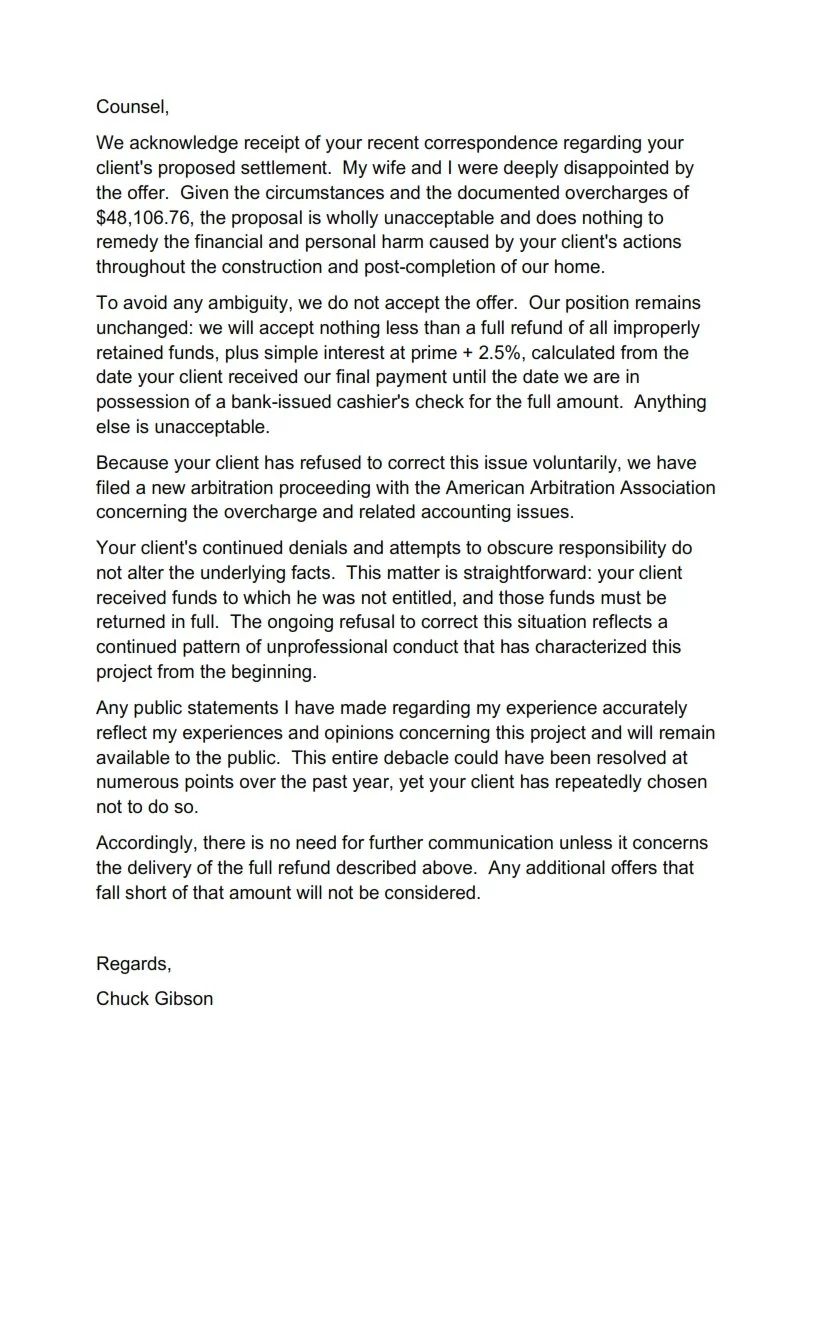 Owner response to Lally Construction Attorney regarding settlment offer