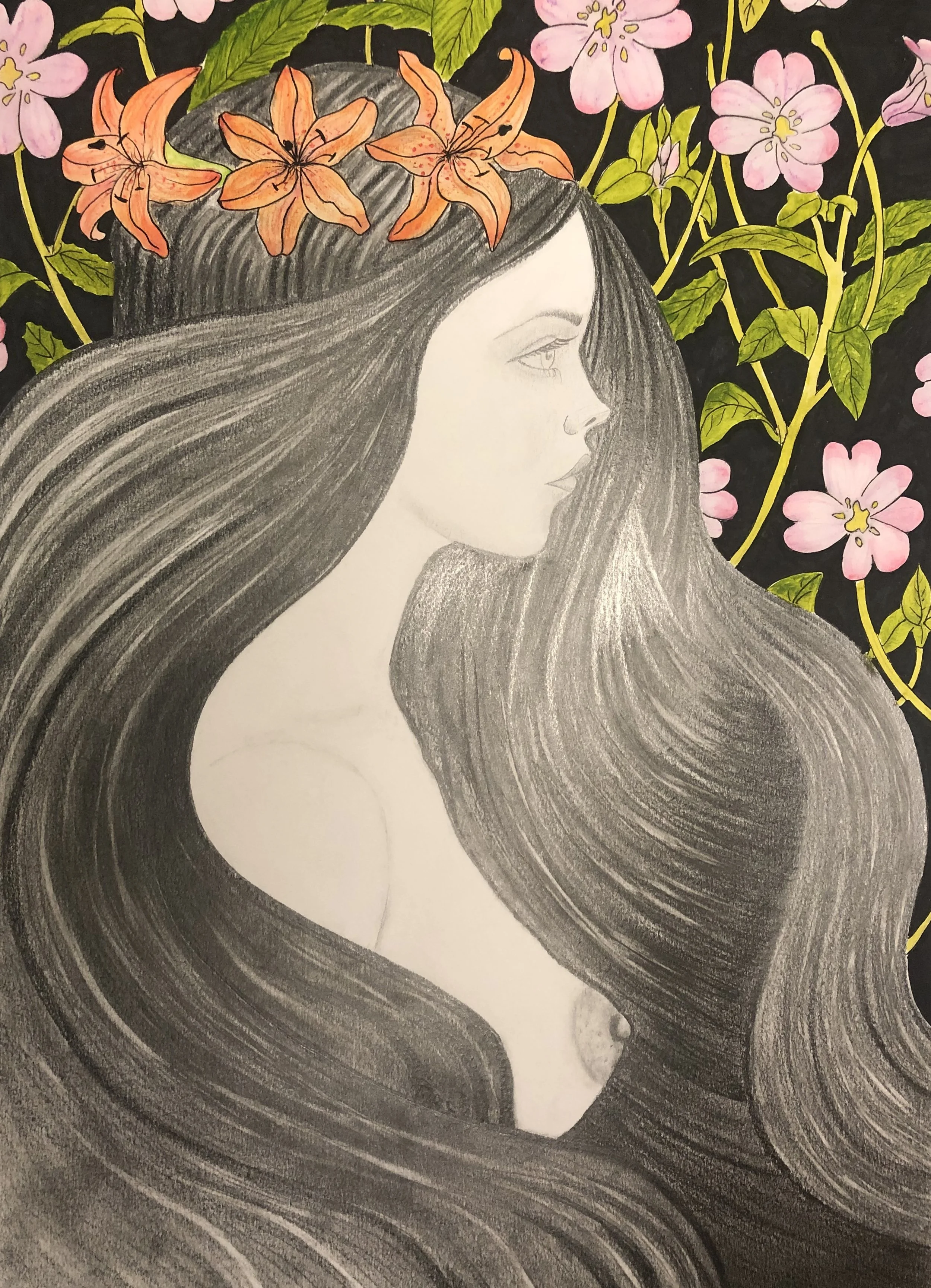 Girl with long flowing hair and flowers framed