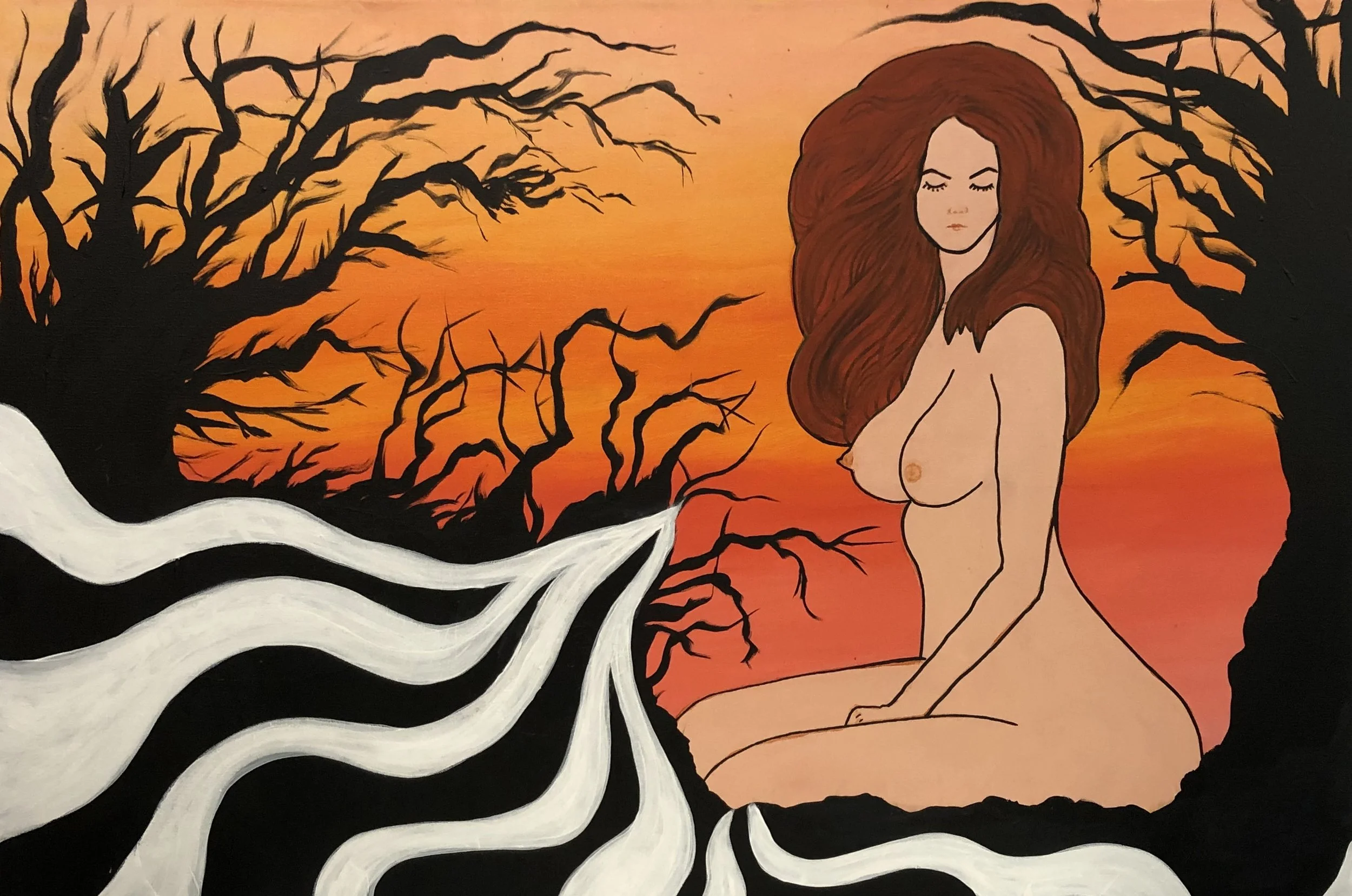 Nude redhead in dark woods