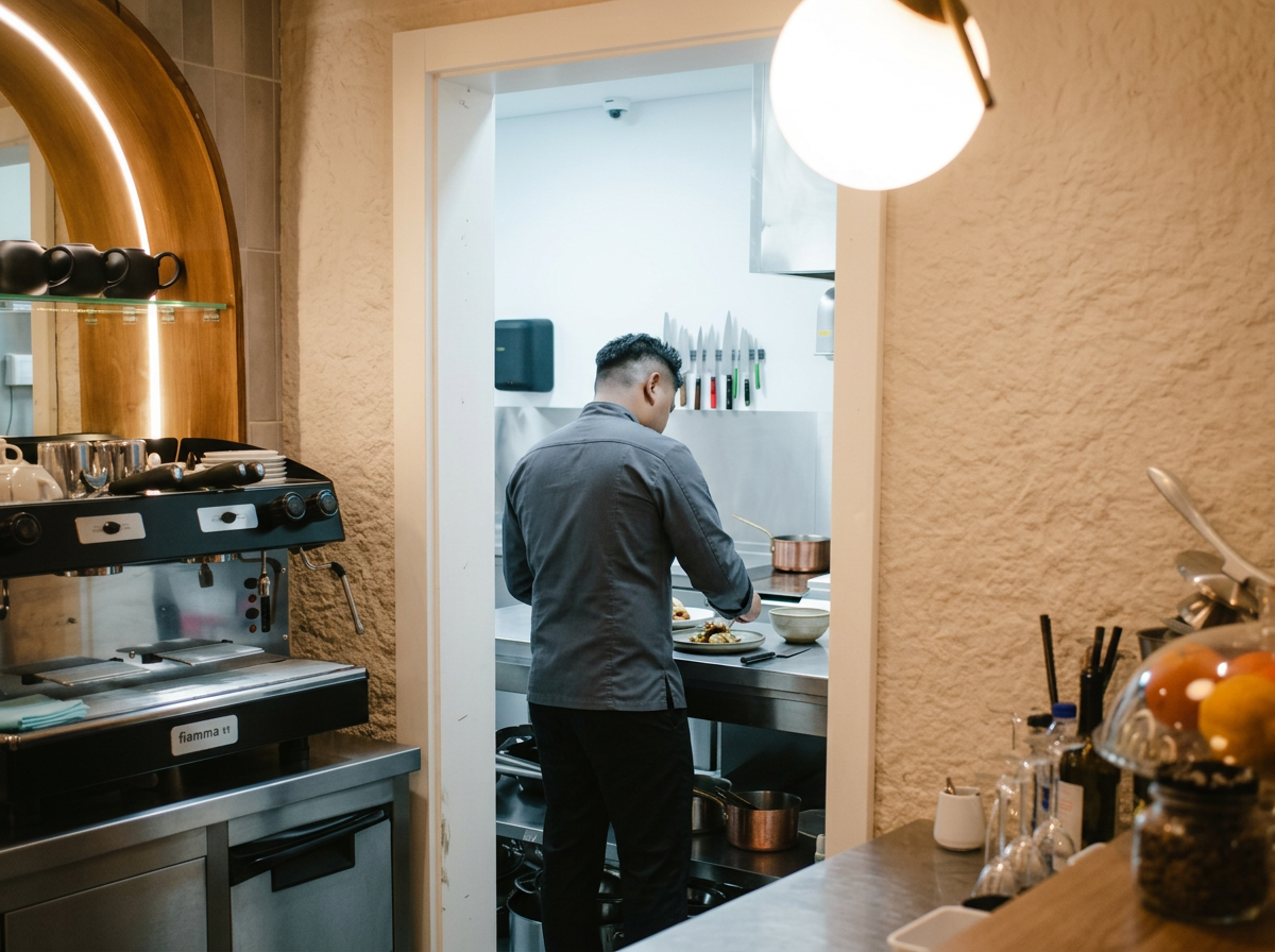 A cook plating a dish in the open kitchen at VERA Ristorante in Porto, seen past the espresso bar and arched alcove.