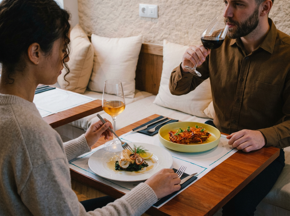 Two guests sharing lunch at VERA in Porto over pasta, grilled seafood and glasses of Italian wine.