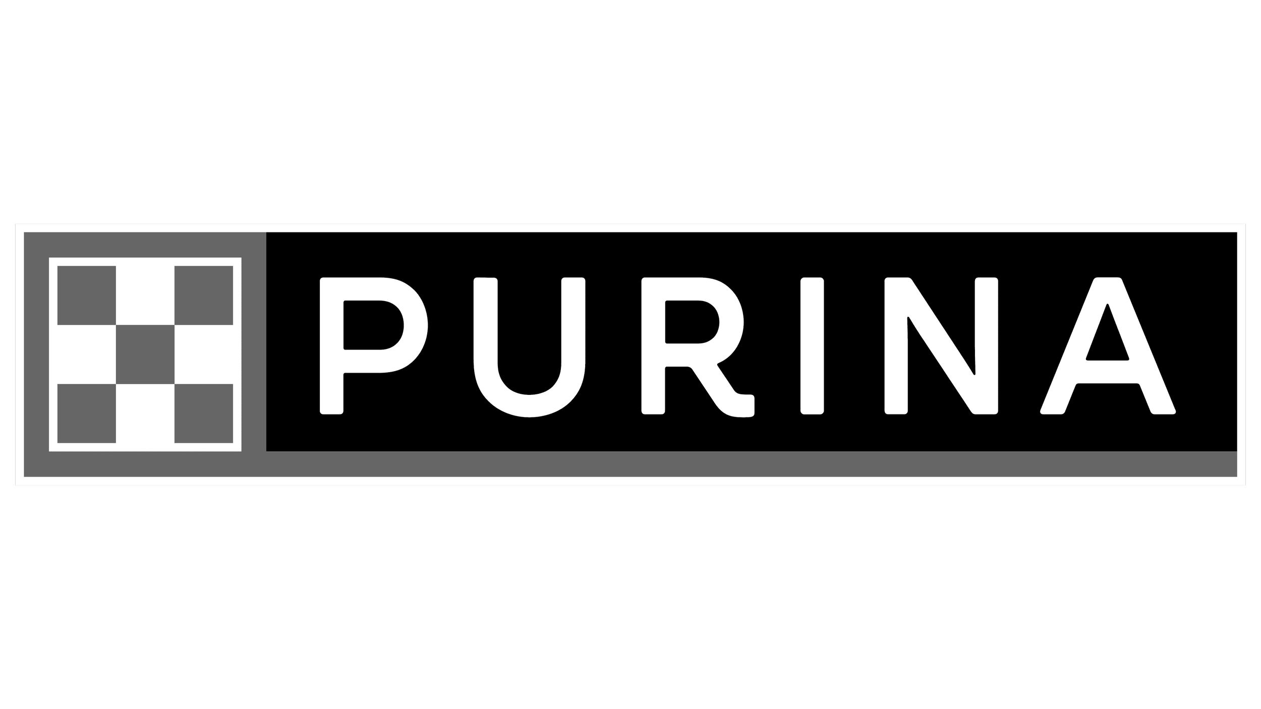 Das Logo der Marke Purina, bestehend aus einem schwarzen Hintergrund mit weißen Buchstaben und einem grauen Rahmen, mit einem graphischen Element aus geometrischen Formen auf der linken Seite.