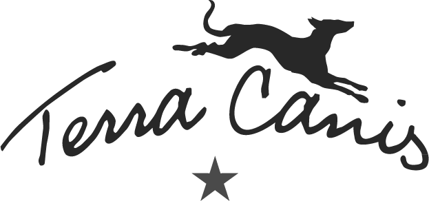 Logo mit einem springenden Hund und dem Text 'Terra Canis' darunter, sowie einem Stern.