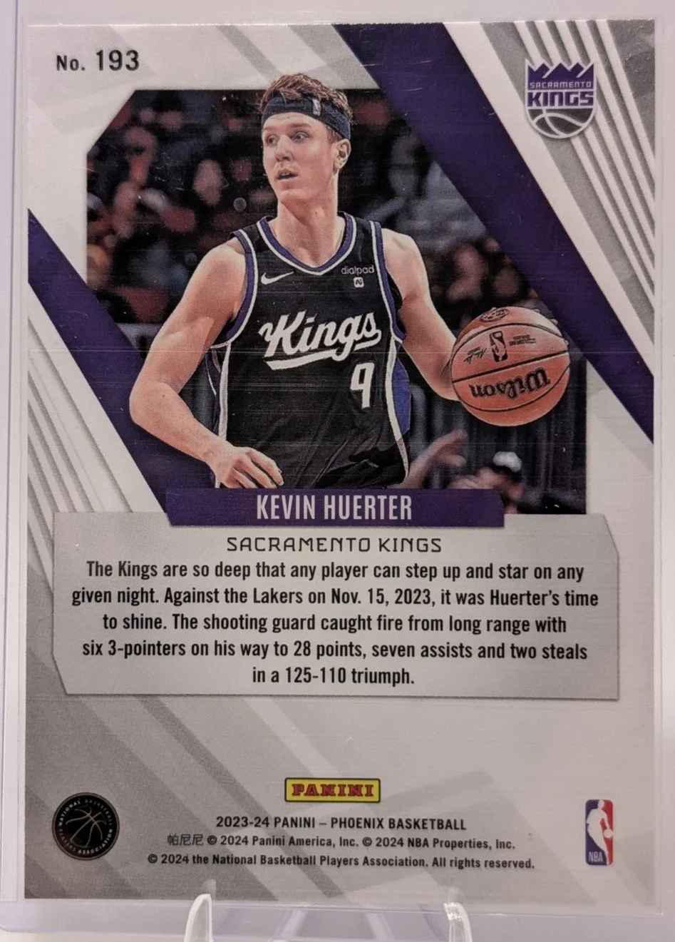 Back of 2023-24 Panini Phoenix Kevin Huerter #193 Sacramento Kings