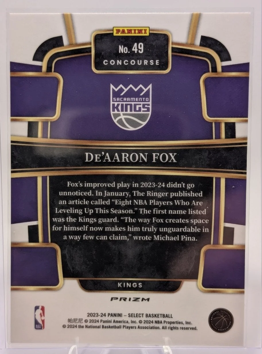 Back of 2023-24 Panini Select De'Aaron Fox #49 Sacramento Kings