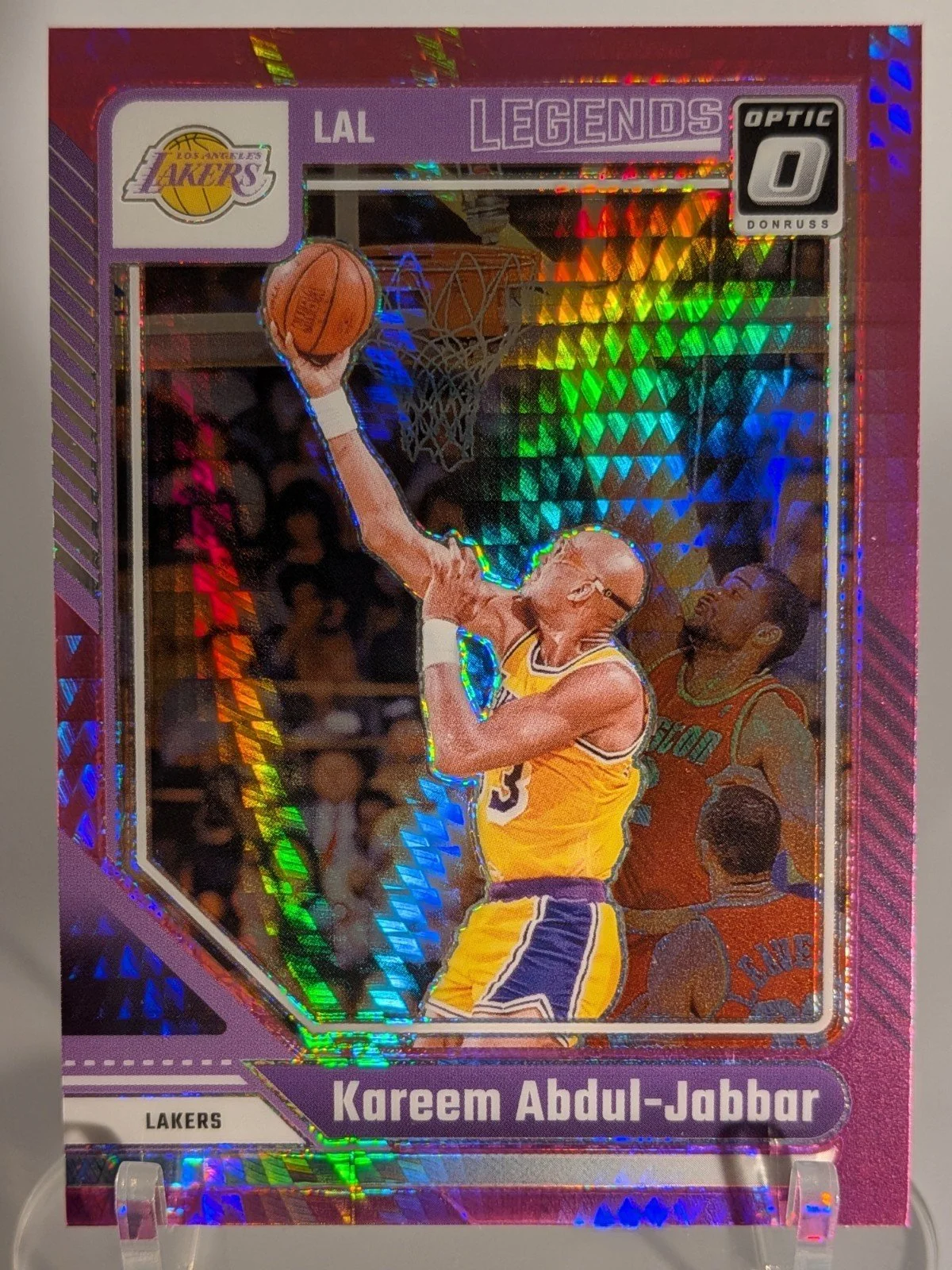 Front of 2024-25 Donruss Optic Kareem Abdul-Jabbar pink #228 Los Angeles Lakers