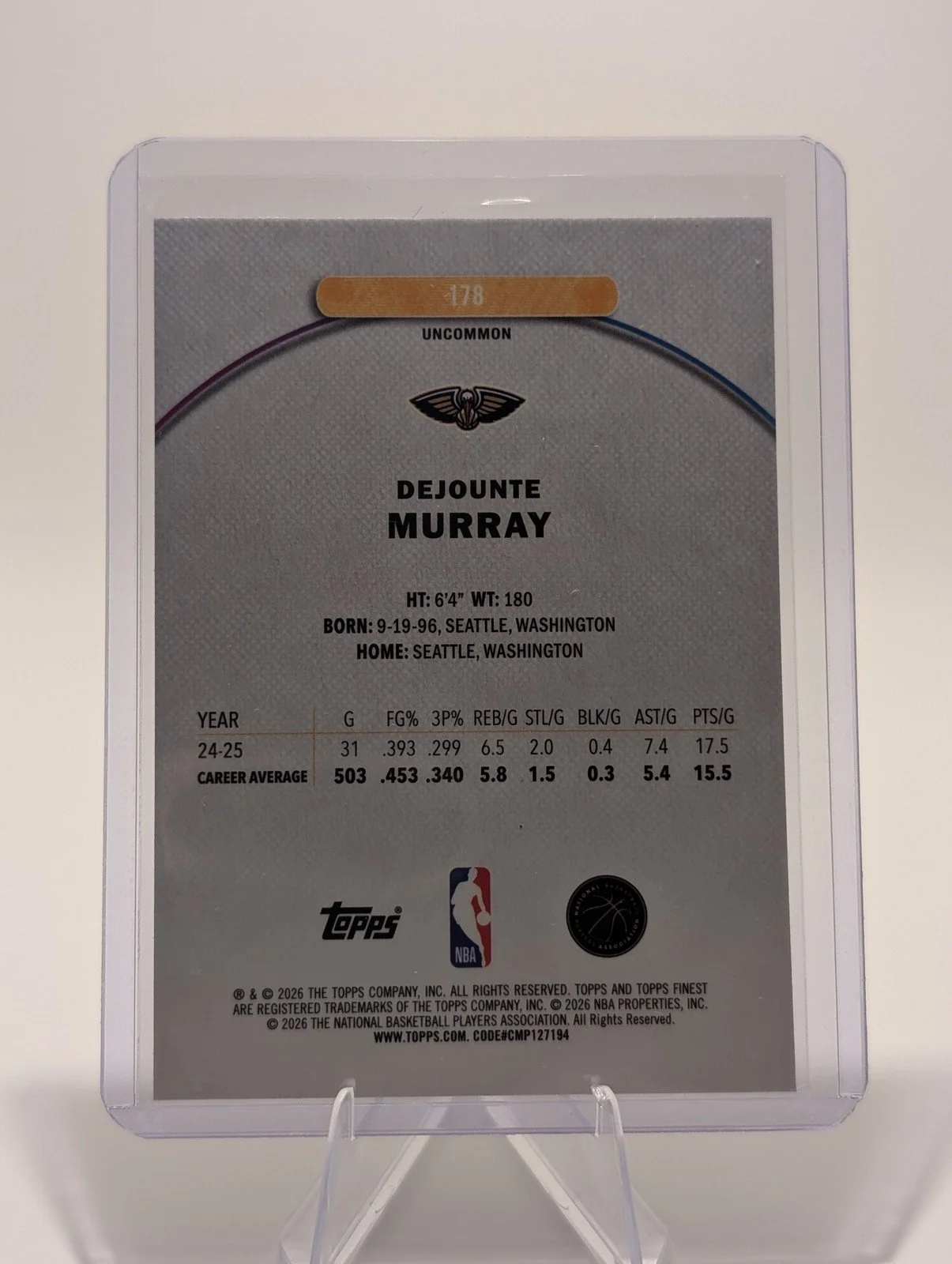 Back of 2025-26 Finest Dejounte Murray #178 New Orleans Pelicans