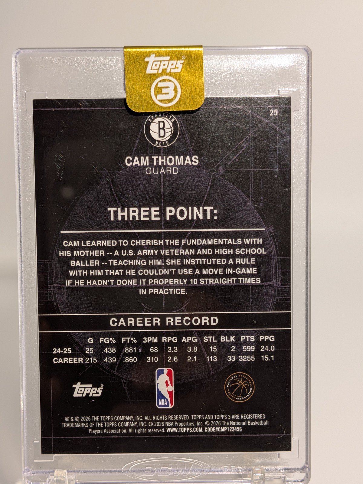 Back of 2025-26 Topps 3 #25 Cam Thomas Bronze /25