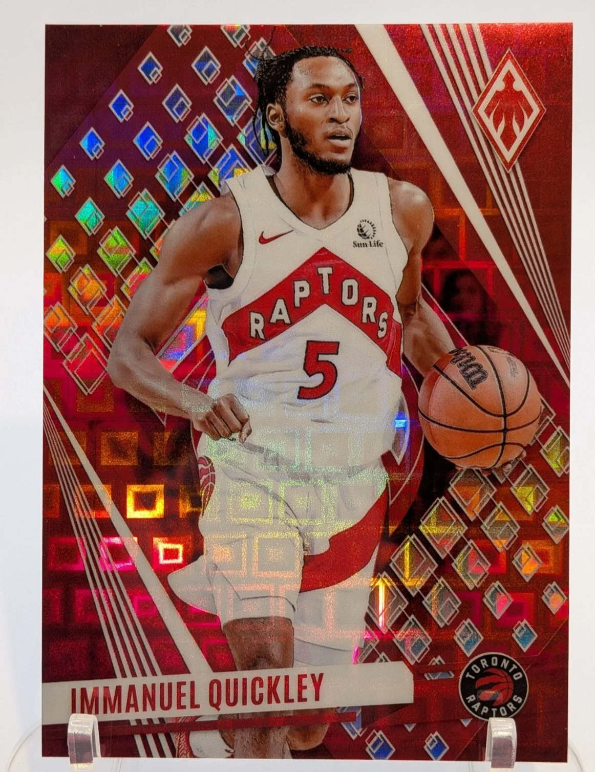 Front of 2023-24 Panini Phoenix Immanuel Quickley RED PANDORA #7 SSP FOTL Raptors 11/11