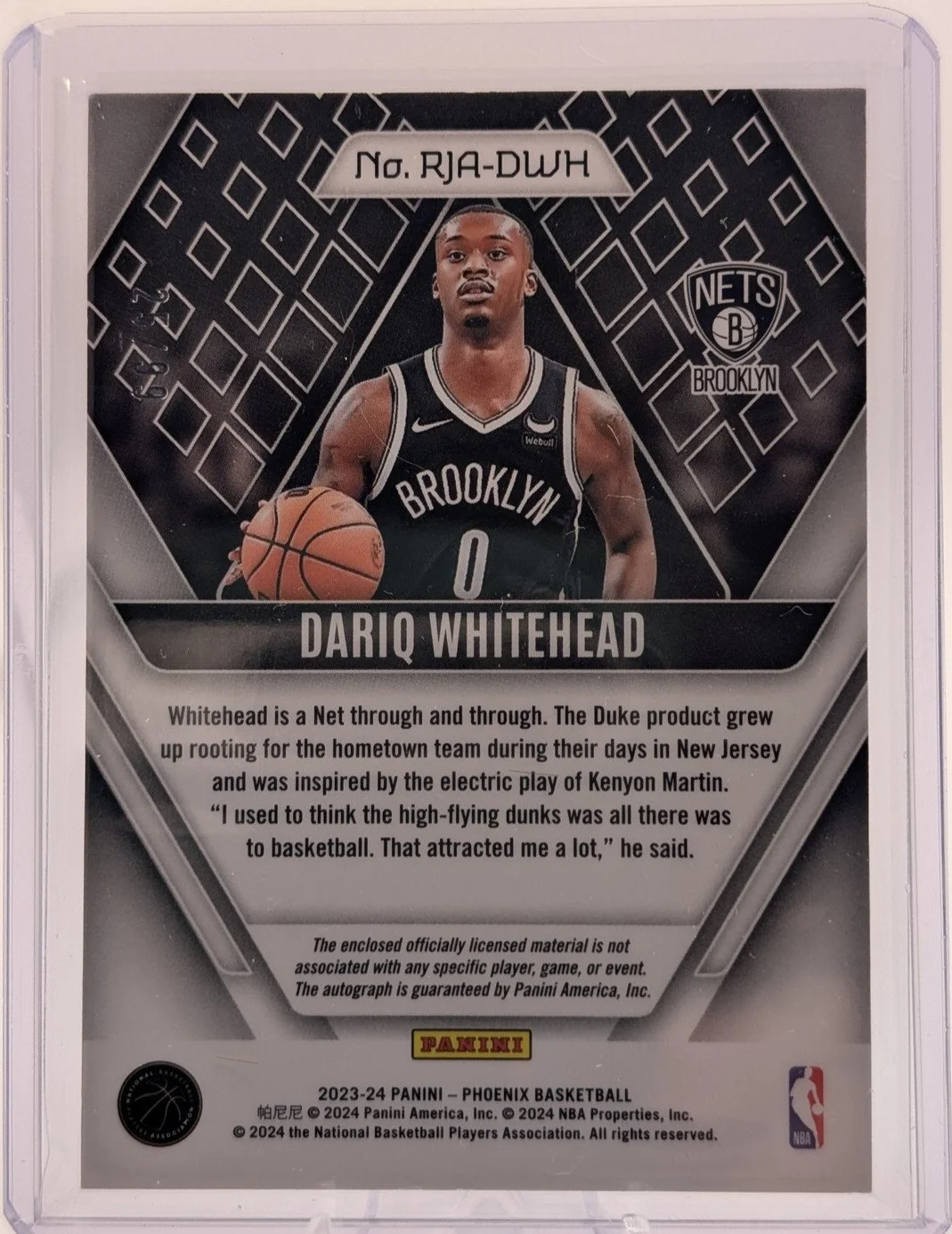 Back of 2023-24 Panini Phoenix #RJA-DWH Dariq Whitehead Rookie  Autographs Purple #/99