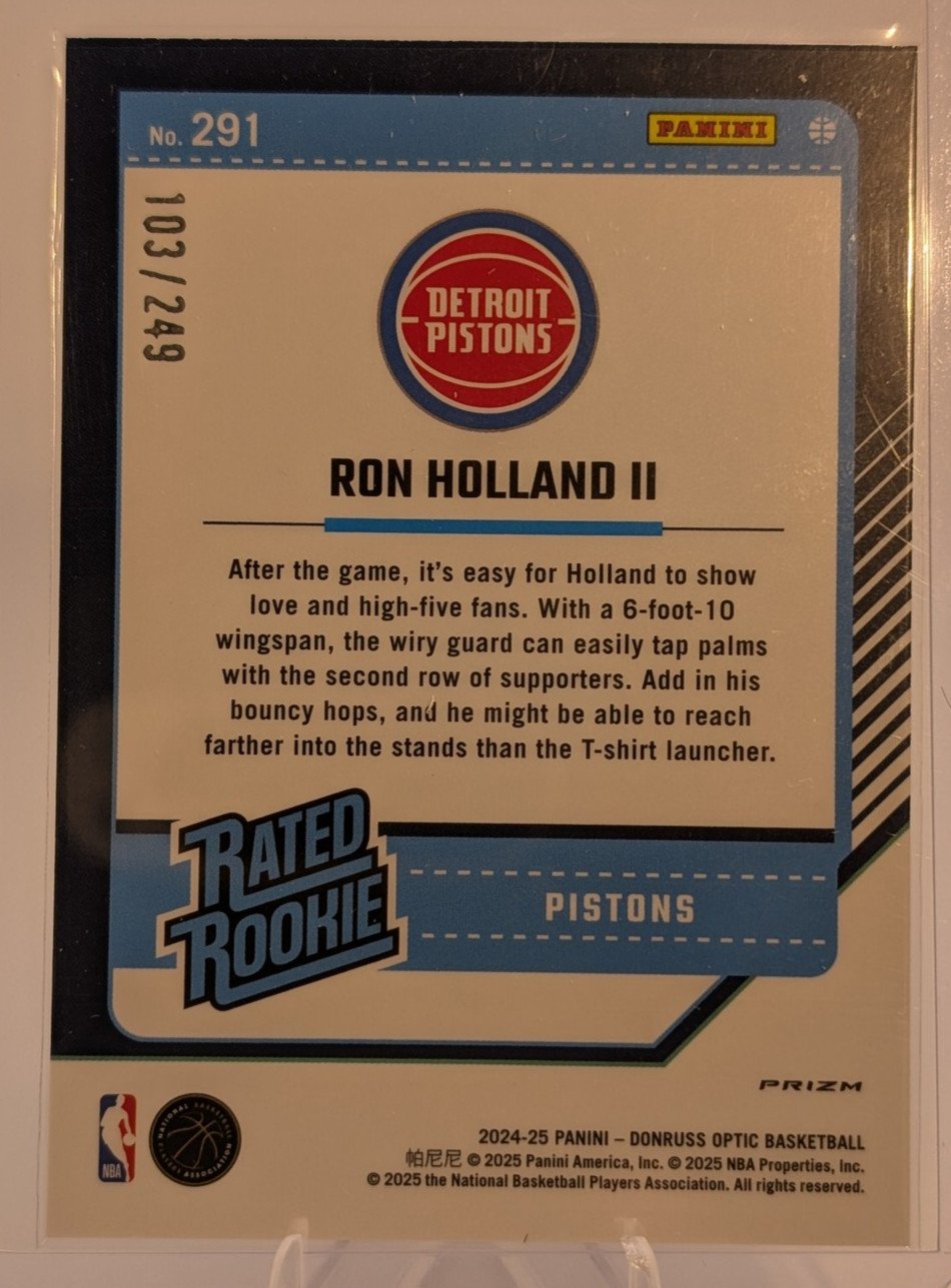 Back of 2024-25 Donruss Optic #291 Ron Holland II Hyper Green #/249