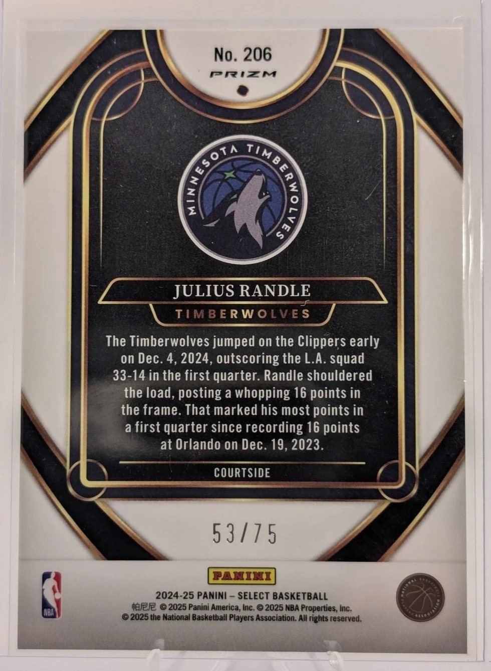 Back of 2024-25 Panini Select #206 Julius Randle White Disco Prizm /75