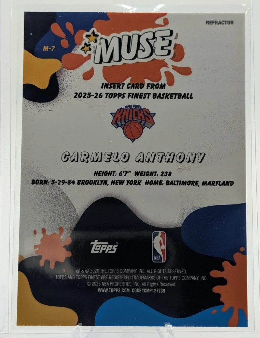 Back of 2025-26 Topps Finest #M-7 Carmelo Anthony Muse Refractor