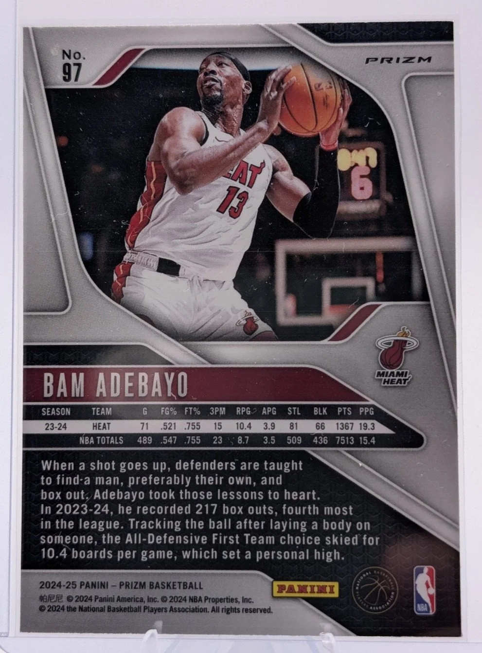 Back of 2024-25 Panini Prizm Bam Adebayo #97 Miami Heat