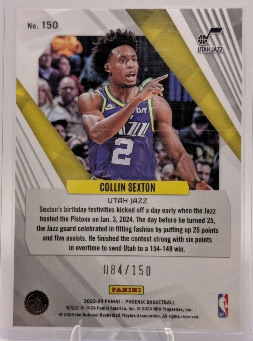 Back of 2023-24 Panini Phoenix #150 Collin Sexton Purple #/150
